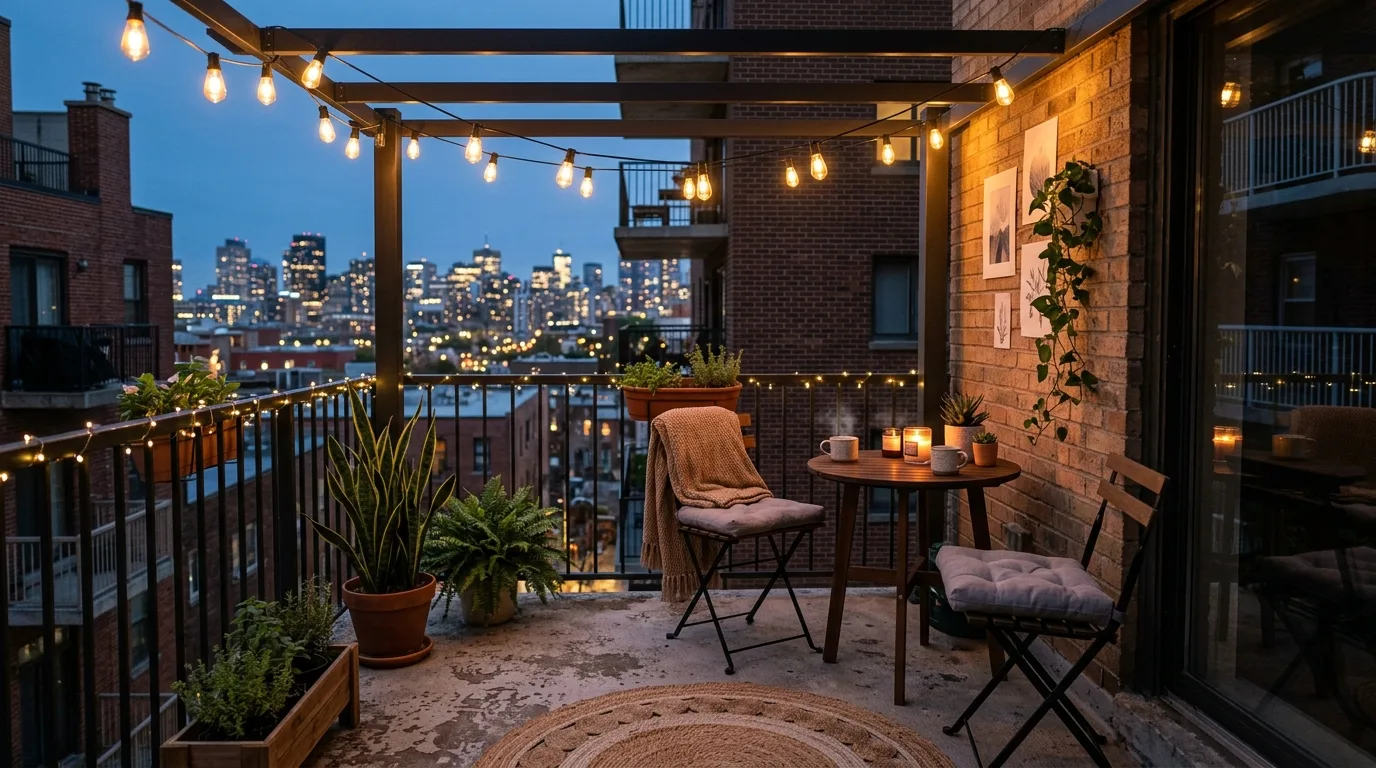 Concrete Patio with String Lights for Small Space